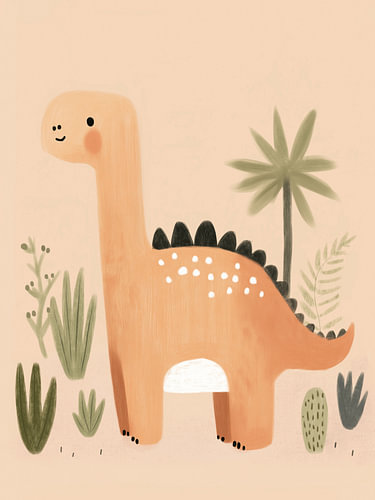 Blush Dinosaur among Plants – Neutral Nursery Art
