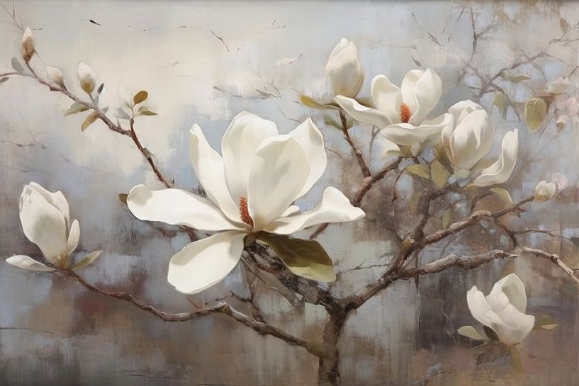 Bloesem Magnolia | Zwevende Sereniteit | Magnolia bloemen | Post-Impressionisme. van Blikvanger Schilderijen