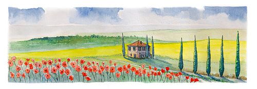 Paysage toscan, maison de campagne et coquelicots | Peinture à l'aquarelle
