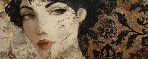 Femme Cheveux Noirs | Portrait Féminin Abstrait avec Fleurs