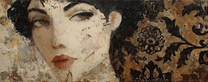 Vrouw Zwart Haar | Abstract Vrouwelijk Portret Met Bloemen van Kunst Kriebels