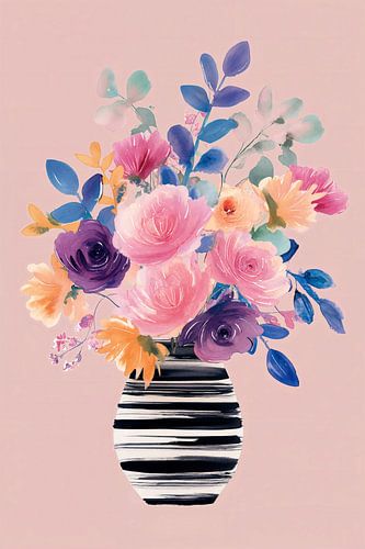 Vase rayé avec fleurs bleu marine et rose n°4