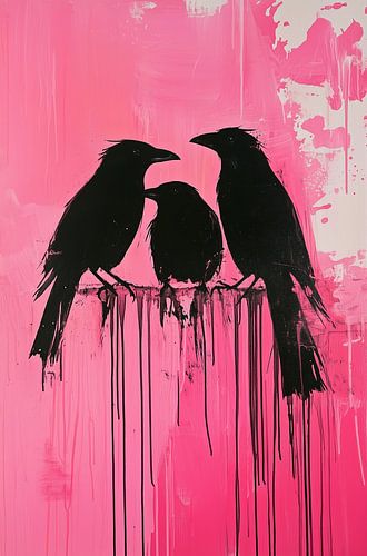 Drie zwarte vogels op een roze achtergrond
