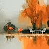 De Flamingo’s en het Herfstzwembad in Mist van Karina Brouwer