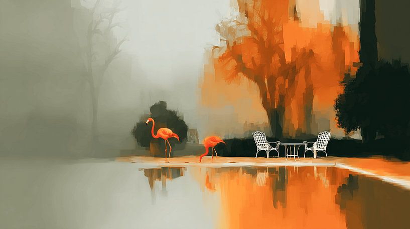 The Flamingos and the Autumn Pool in Mist by Karina Brouwer
