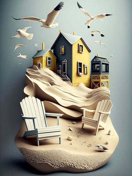 Paysage côtier Île Maisons Oiseaux surréaliste Papier Maritim par gm_designs