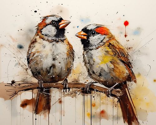 Aquarelle d'oiseaux | Moineaux