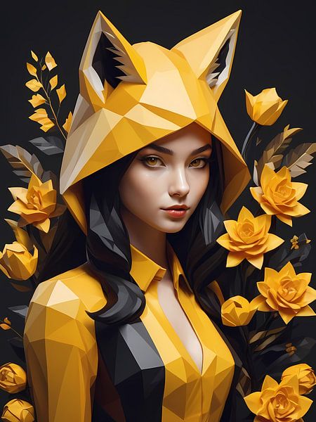 Low poly floral fox girl, black and yellow by 1xMerch