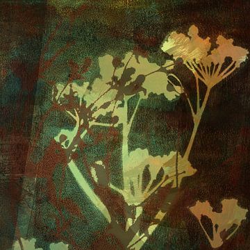 Witte bloemen op bruin en grijs. Modern abstract botanisch. van Dina Dankers