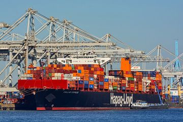 Containerschepen en bunkerschip op de Maasvlakte van scheepskijkerhavenfotografie