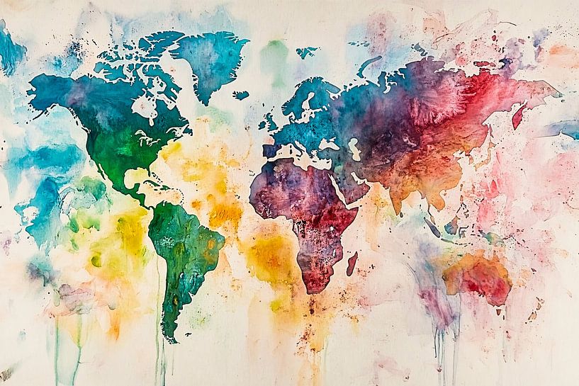 Colourful world map watercolour style by Imperial Art House