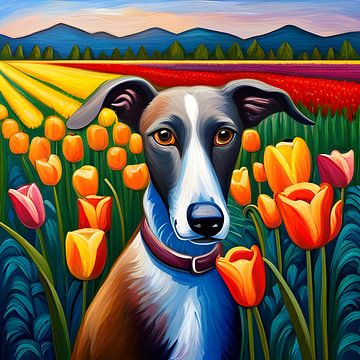 Greyhound in Tulpenveld I van Betty Maria Digital Art