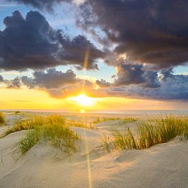 Texel strand zonsondergang met zandduinen op de voorgrond