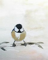 Minimalistisch schilderij van een koolmeesje op een boomtak.