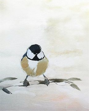 Minimalistisch schilderij van een koolmeesje op een boomtak. van Studio Pieternel