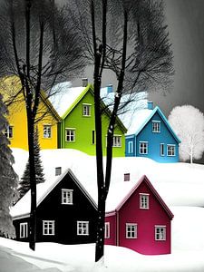 Winterlandschaft Häuser Bäume grafisch stilisiert farbenfroh