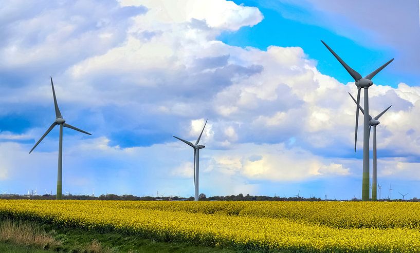 Wind farm behind a blooming rape field by MPfoto71