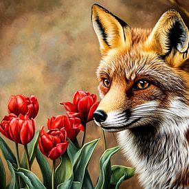 Vos en rode tulpen schilderij van Imperial Art House
