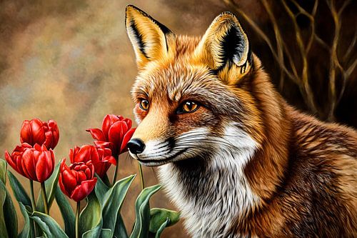Vos en rode tulpen schilderij