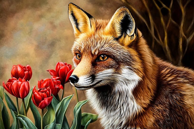 Vos en rode tulpen schilderij van Imperial Art House