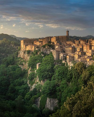 Sorano village on tuff at sunset. Tuscany, Italy by Stefano Orazzini