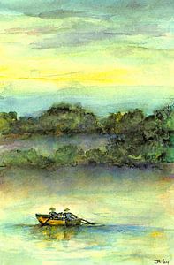 Chinesische Fischer in den frühen Morgenstunden. Aquarell, handbemalt.