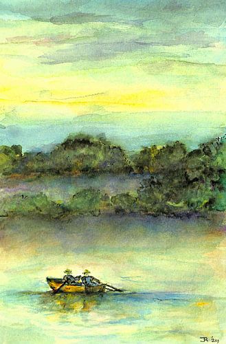 Pêcheurs chinois au petit matin. Aquarelle peinte à la main.