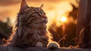 Eine Katze bei Sonnenaufgang, die auf einem alten Holzzaun thront, mit der aufgehenden Sonne im Hintergrund.