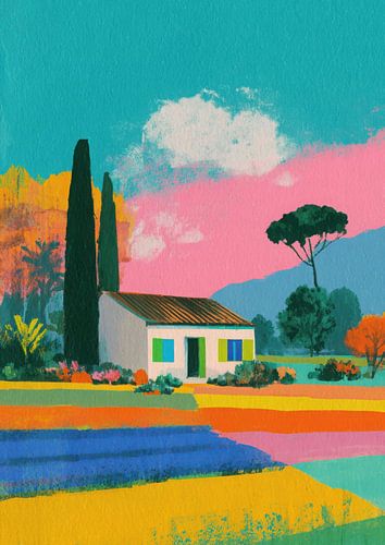 Klein wit huis in een kleurrijk lappendekenlandschap