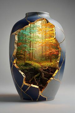 Forest landscape in vase jug – stone vase with colourful autumn leaves by Kleurenrijk