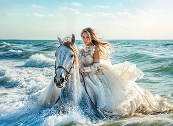 bride riding a horse in ocean waves