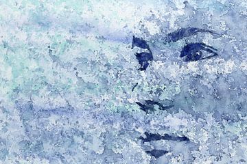 In de verte (blauw aquarel schilderij portret gezicht vrouw close up ogen vlekken industrieel)