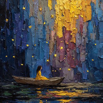 Mädchen in einem schwimmenden Boot unter fallenden Sternen von Aden Pink Studio