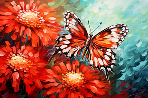 Abstrakter künstlerischer Hintergrund mit leuchtend rotem Pfauenschmetterling auf Chrysanthemen Blüten, im Ölfarben-Design