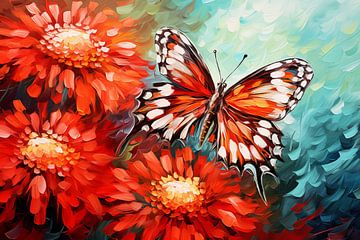 Fond artistique abstrait avec papillon paon rouge vif sur fleurs de chrysanthèmes, en design peinture à l'huile sur Animaflora PicsStock
