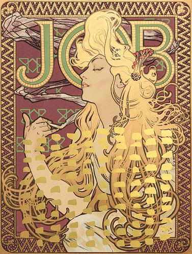 Peinture ancienne d'une jeune femme dans le style art nouveau avec des éléments dorés.