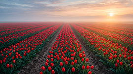 Endless Red Tulip Field at Misty Sunrise, Vibrant Dutch Spring Flower Landscape by Kimita Jennaira