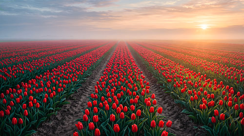 Een eindeloos veld met rode tulpen bij een mistige zonsopgang, een levendig Nederlands lentebloemenlandschap