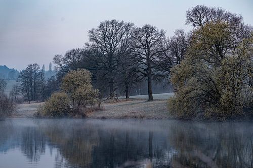Serenity of the Lake in Soft Morning Mist