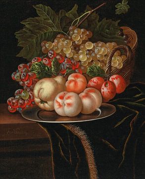Ernst stuven, Früchte und Insekten auf einem Silberteller auf einem Tisch