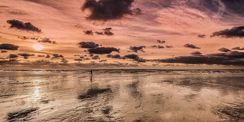 Lonely rider on an empty beach at sunset