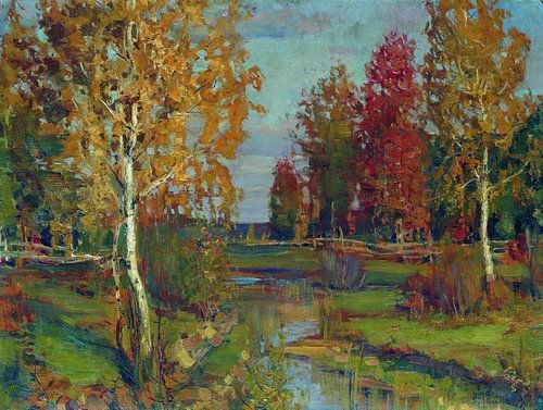 Impressionistisch herfstlandschap met goudkleurige berken en een kronkelend beekje onder een zachte hemel