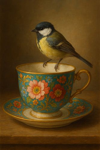 Mésange bleue sur porcelaine - beauté florale en équilibre