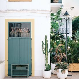Wit huis met geel raam en groene deur op Ibiza van Diana van Neck Photography