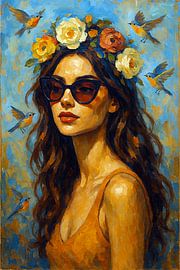 Frau mit Sonnenbrille malt. von Johannes