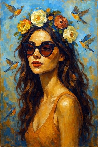 Vrouw met zonnebril schilderij.