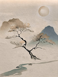 Beruhigende und heitere japanische Landschaft mit einem minimalistischen Baum