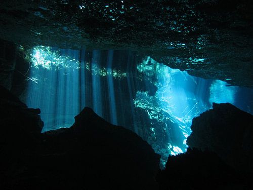 Zonnestralen onderwater vanuit een cenote in Mexico