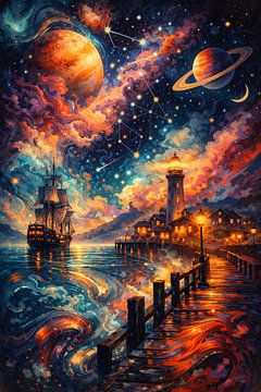 Phare cosmique au-dessus de la mer céleste sur Dodik Hariyono