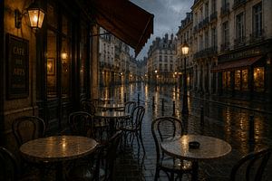 Rainy Evening European Café Street – Cinematic Cityscape Wall Art
